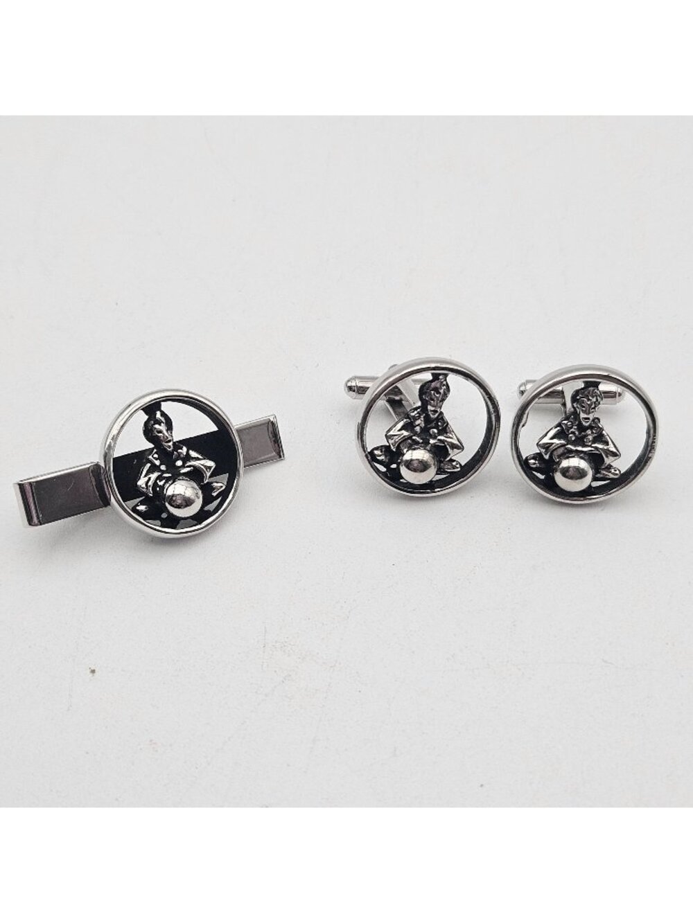 Vintage Silver Tone Genie Crystal Ball Tie Bar & Cufflinks